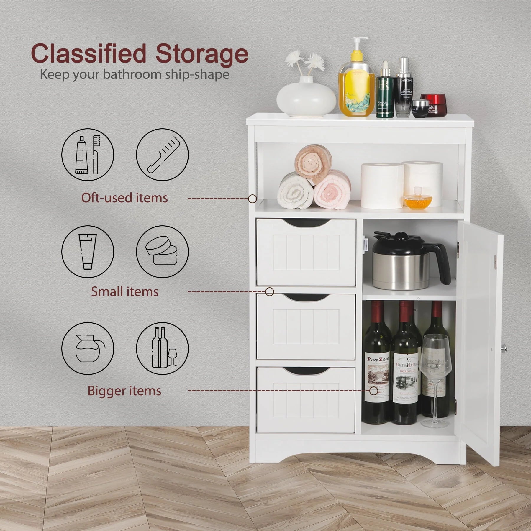 ZENY Bathroom Floor Cabinet, Free Standing Storage Cabinet with 3 Drawers and Adjustable Shelf, Modern Cupboard for Home Living Room Office, White