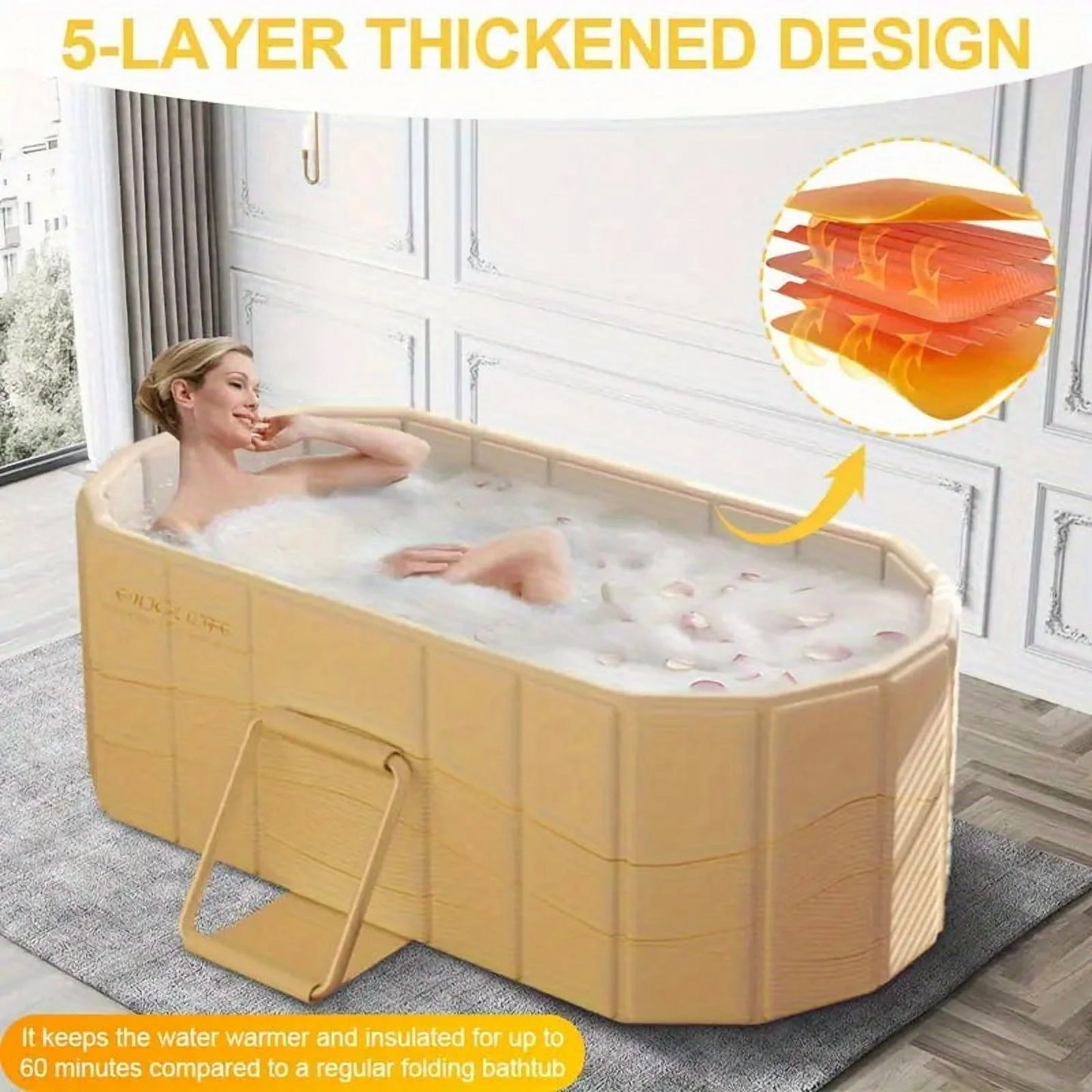 Foldable Portable Hot Tub - Large Collapsible Spa with Non-Slip Mat, 5 Bath Bags & Drain Pipe - Perfect for Adults & Families