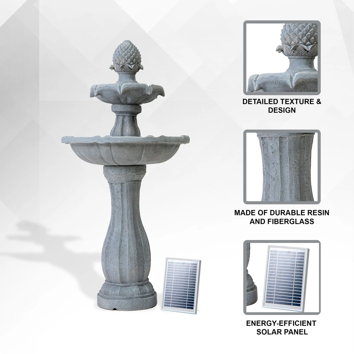 XBrand 44" H White Fiberglass/Resin 2-Tier Solar Water Fountain w/ Solar Panel and Auto-Shut Off Pump, Solar Garden Fountain, Tall Outdoor Fountain, Two Tiered Birdbath Fountain