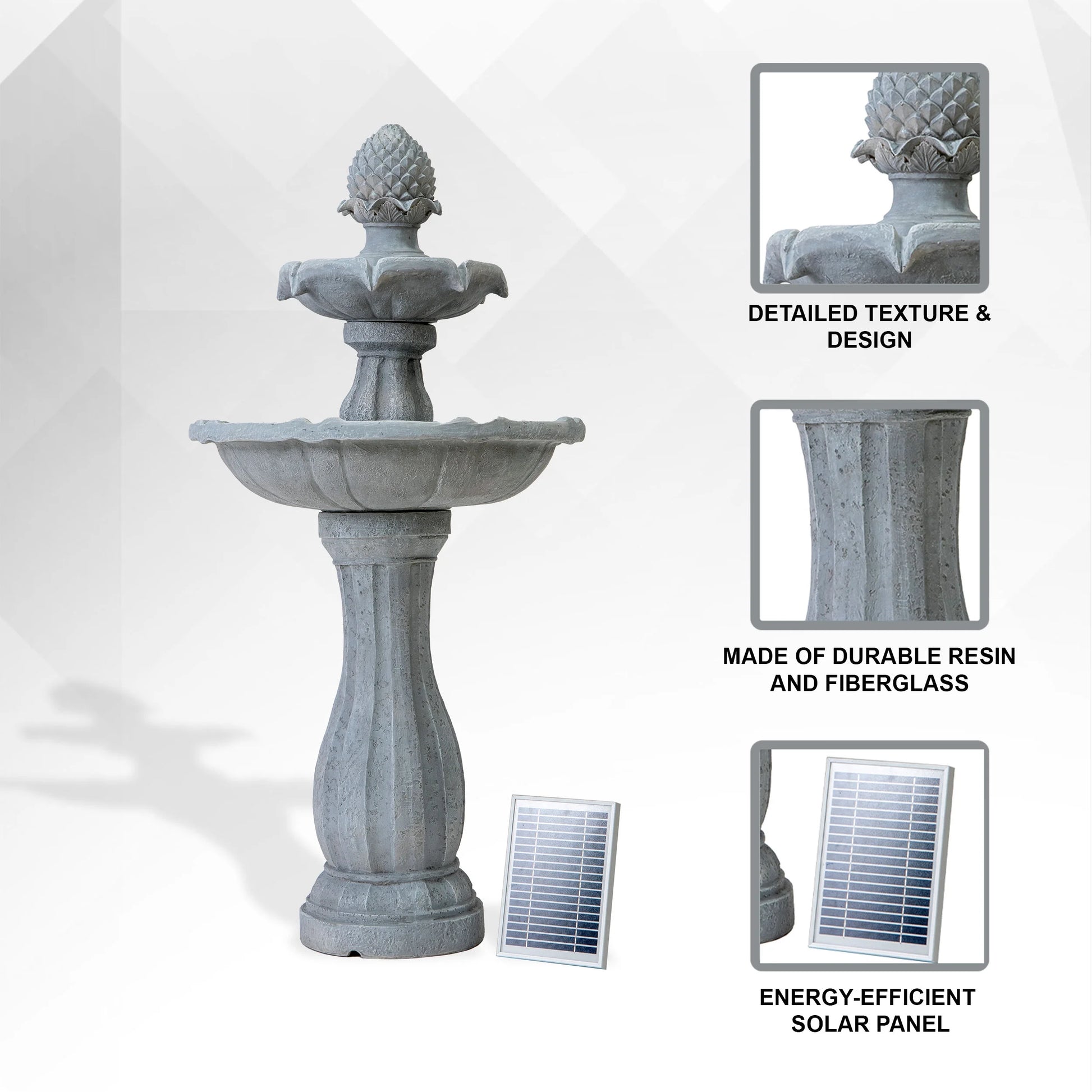 XBrand 44" H White Fiberglass/Resin 2-Tier Solar Water Fountain w/ Solar Panel and Auto-Shut Off Pump, Solar Garden Fountain, Tall Outdoor Fountain, Two Tiered Birdbath Fountain