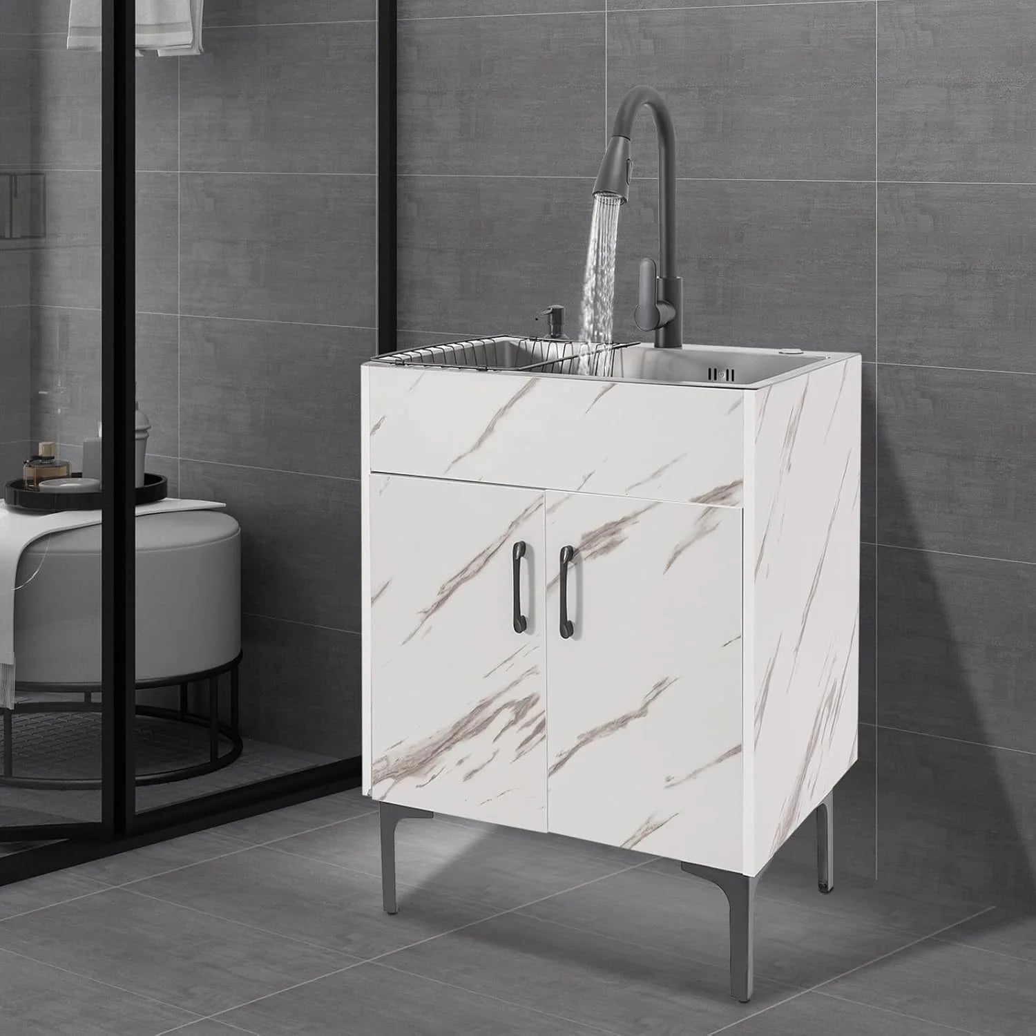 Laundry Sink Cabinet with Pull-Down Faucet Stainless Steel Utility Sink for Laundry Utility Room Bathroom Vanity Sink Cabinet with 2 Doors for Kitchen Outdoor (White)