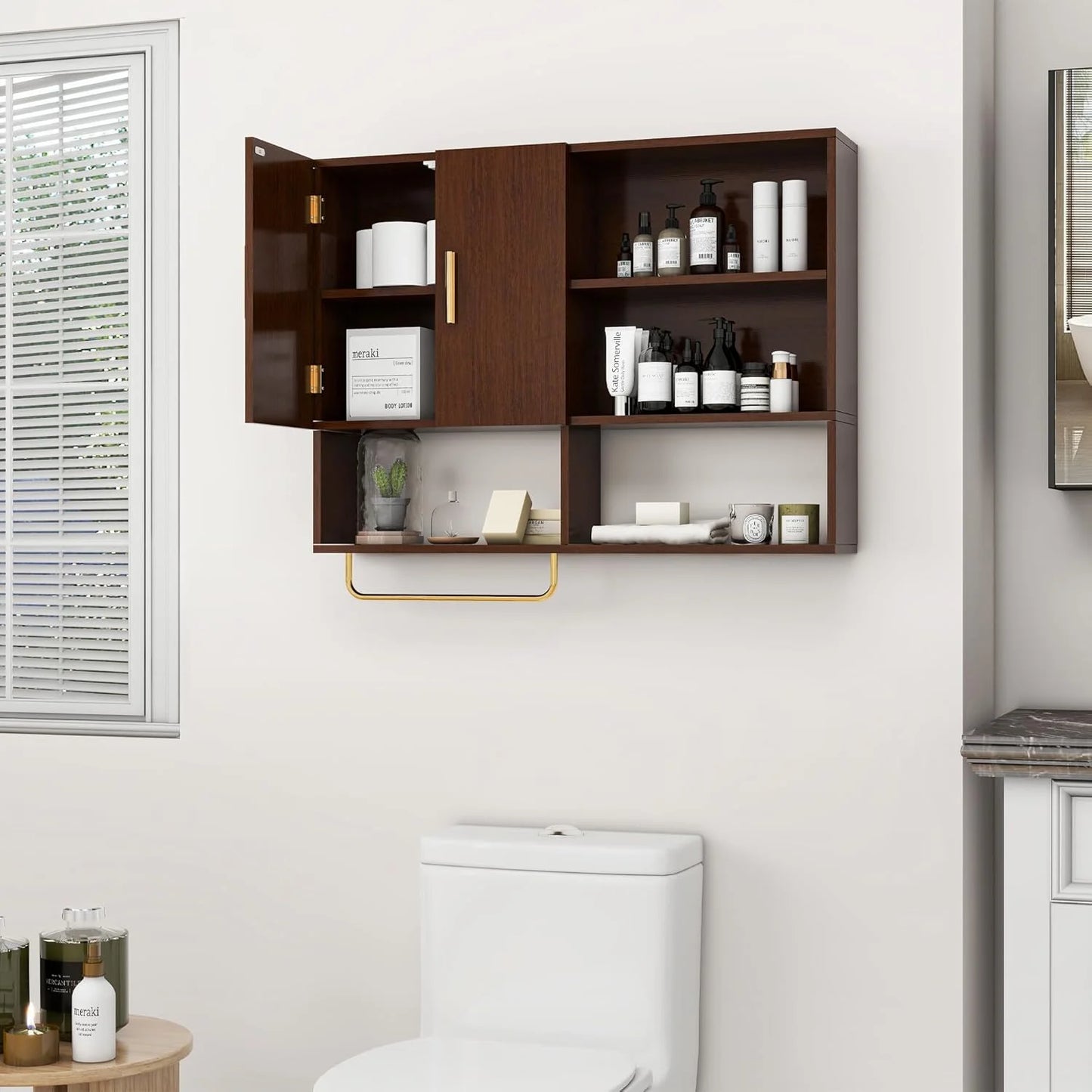 Bathroom Wall Cabinet Solid Wood Large Wall Mounted Medicine Cabinet with 2 Doors and 4 Open Shelves Over Toilet Storage Cabinet with Towel Bar (White)