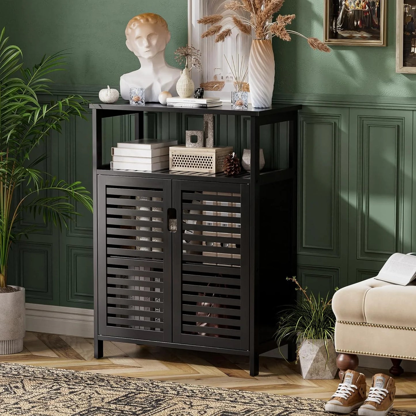 Bathroom Cabinet Freestanding, Bamboo Storage Cabinet 4-Tier Floor Cupboard with Door and Shelf for Bathroom, Kitchen, Hallway, Natural