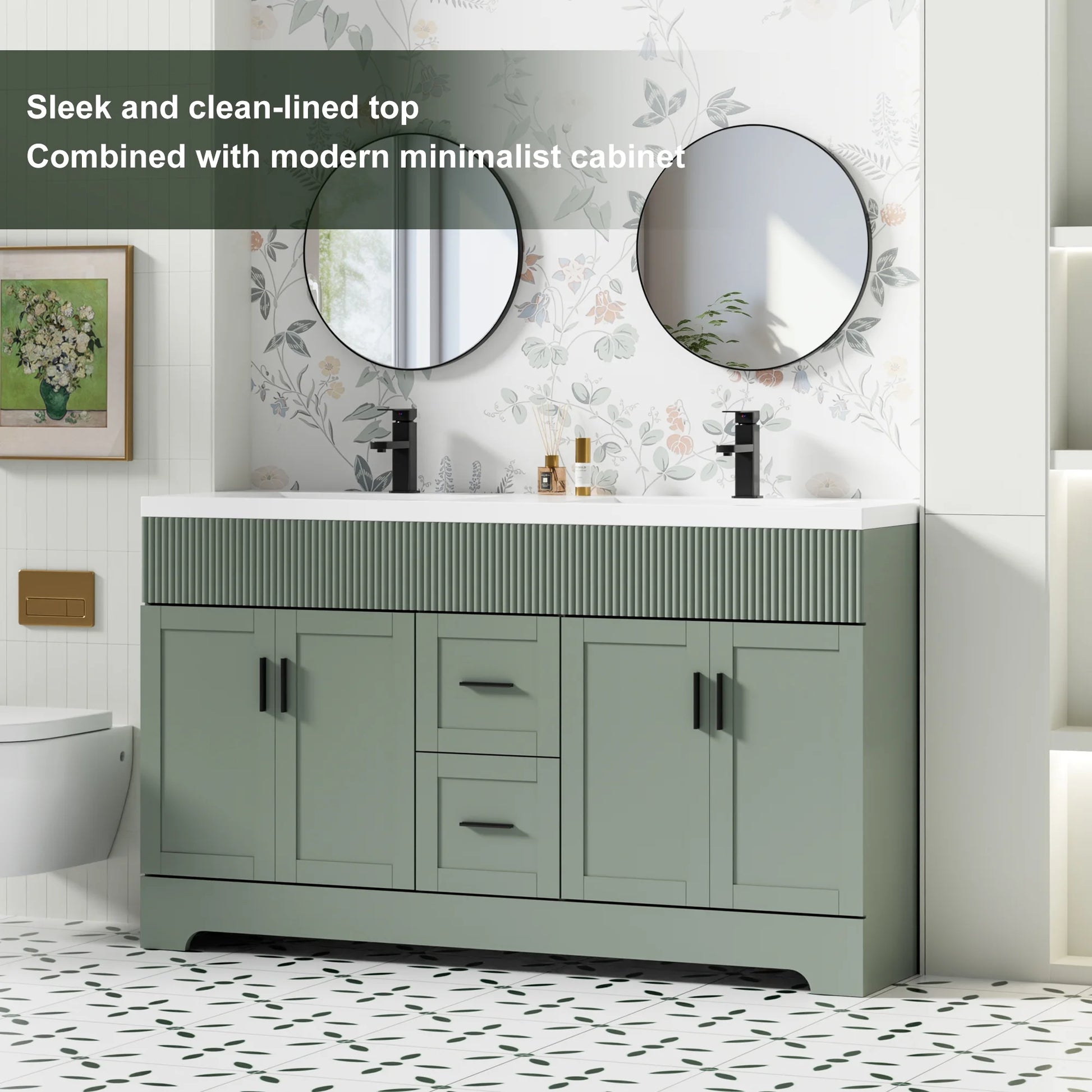Eclife 60" Double Sink Bathroom Vanity with Resin Sink Top and Zinc Alloy Faucet