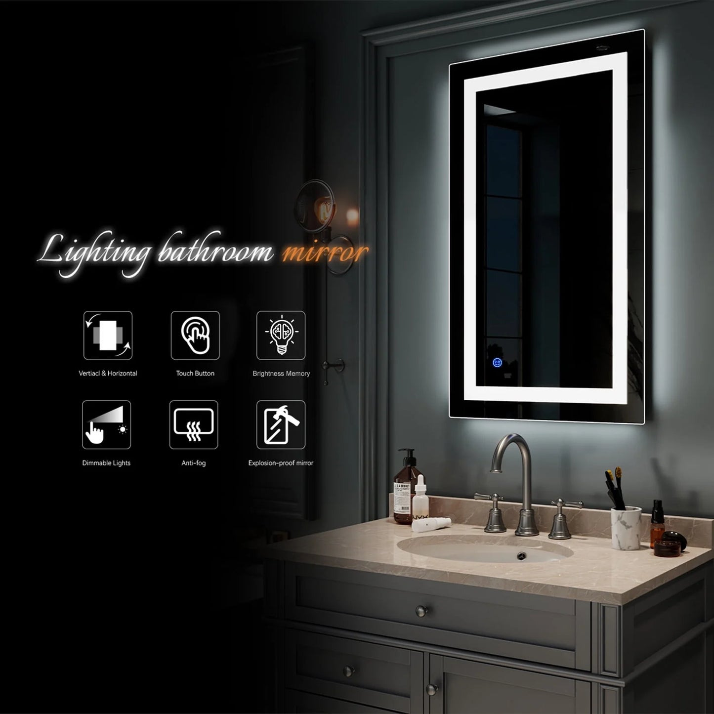 Ktaxon Anti-fog Wall Mounted Lighted Vanity Mirror LED Bathroom Mirror Anti Fog and IP67 Waterproof, Rectangle 40"x24" Silver