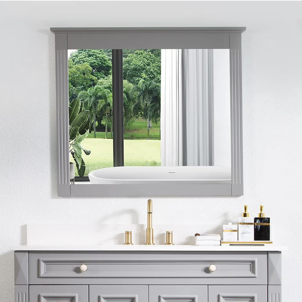 Forclover 38" x 33" Rectangle Wall-Mounted Wooden Framed Vanity Mirror, Makeup Bathroom Wall Mirror for Bathroom Living Room Entryway, White