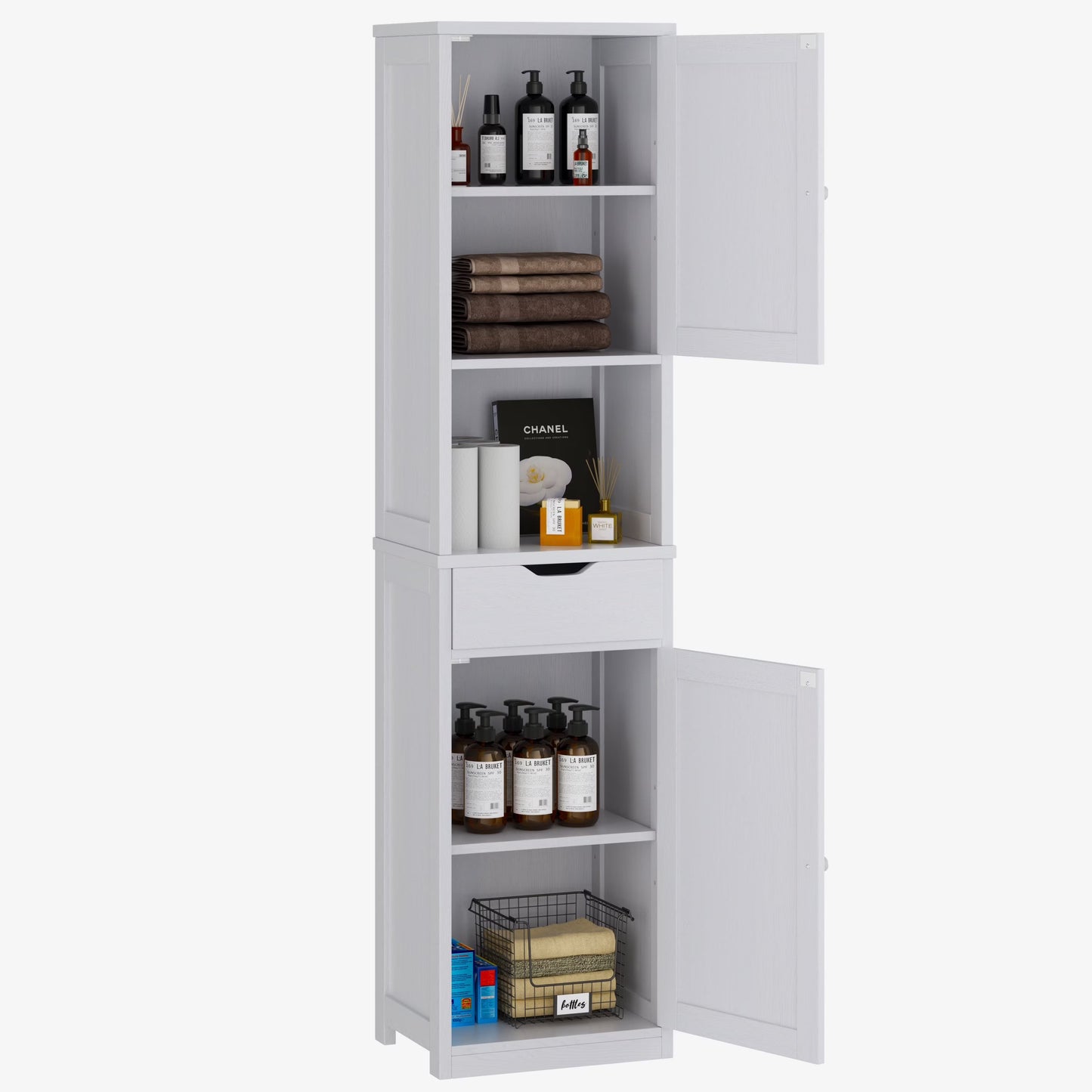 Walsunny Bathroom Storage Cabinet 64" Tall Wooden Kitchen Cupboard Pantry Cabinet with Doors Shelves Drawer Black