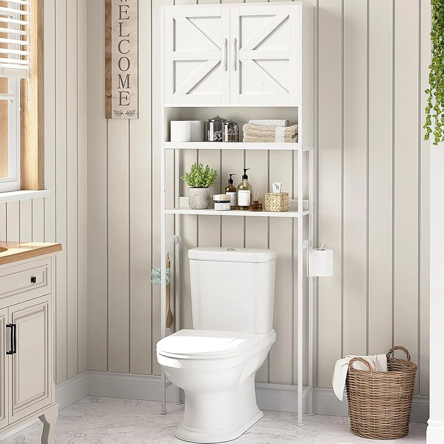 Over The Toilet Storage Cabinet - Farmhouse Bathroom Shelves with Doors Freestanding Organizer Narrow Floor Stand Shelf Above Toilet 71" Tall, Distressed White