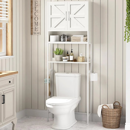 Over The Toilet Storage Cabinet - Farmhouse Bathroom Shelves with Doors Freestanding Organizer Narrow Floor Stand Shelf Above Toilet 71" Tall, Distressed White