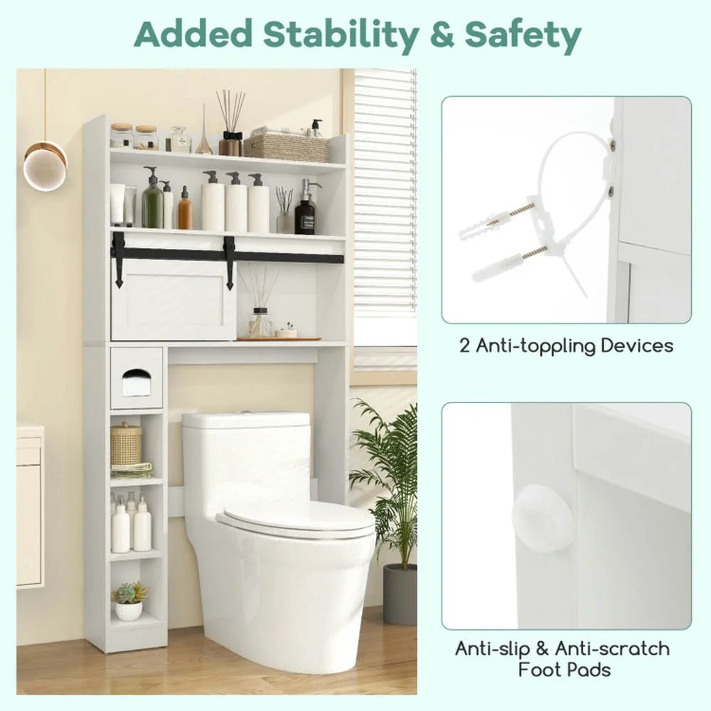 Resenkos Over The Toilet Storage Cabinet with Sliding Barn Door and Adjustable Shelves-White, Bathroom Cabinet Organizer