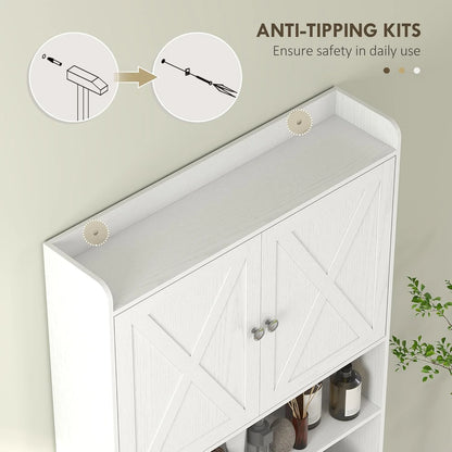 ZIRAV Over The Toilet Storage Cabinet, Farmhouse Above Toilet Bathroom Organizer with Barn Doors, Adjustable Shelf, Toilet Paper Holder, Freestanding Space Saver for Laundry, Distressed White