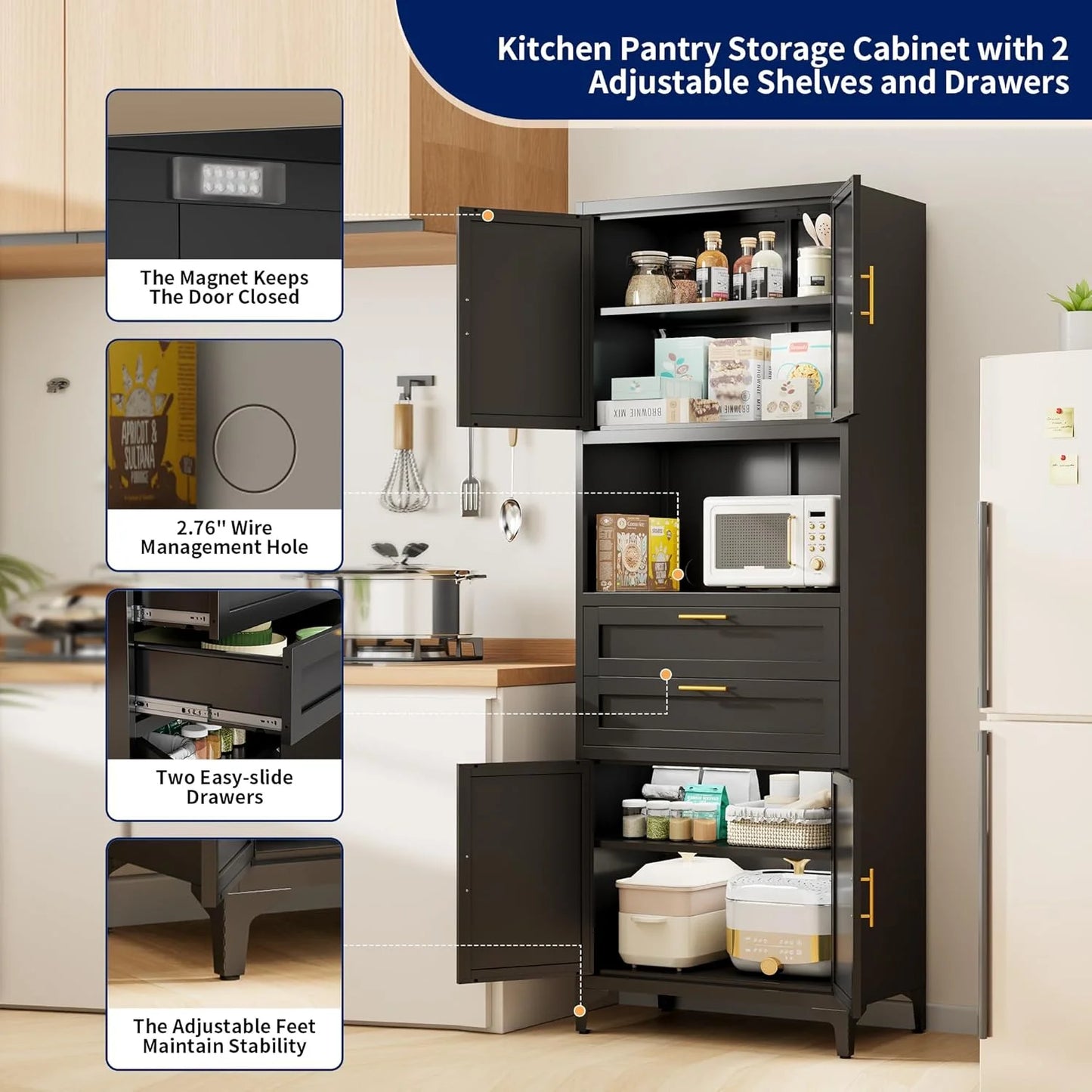 75�� Tall Kitchen Pantry Storage Cabinet, Metal Storage Cabinet with 2 Drawers and Adjustable Shelves, Kitchen Pantry Cupboard, Freestanding Cupboard for Bathroom, Living Room(Black)