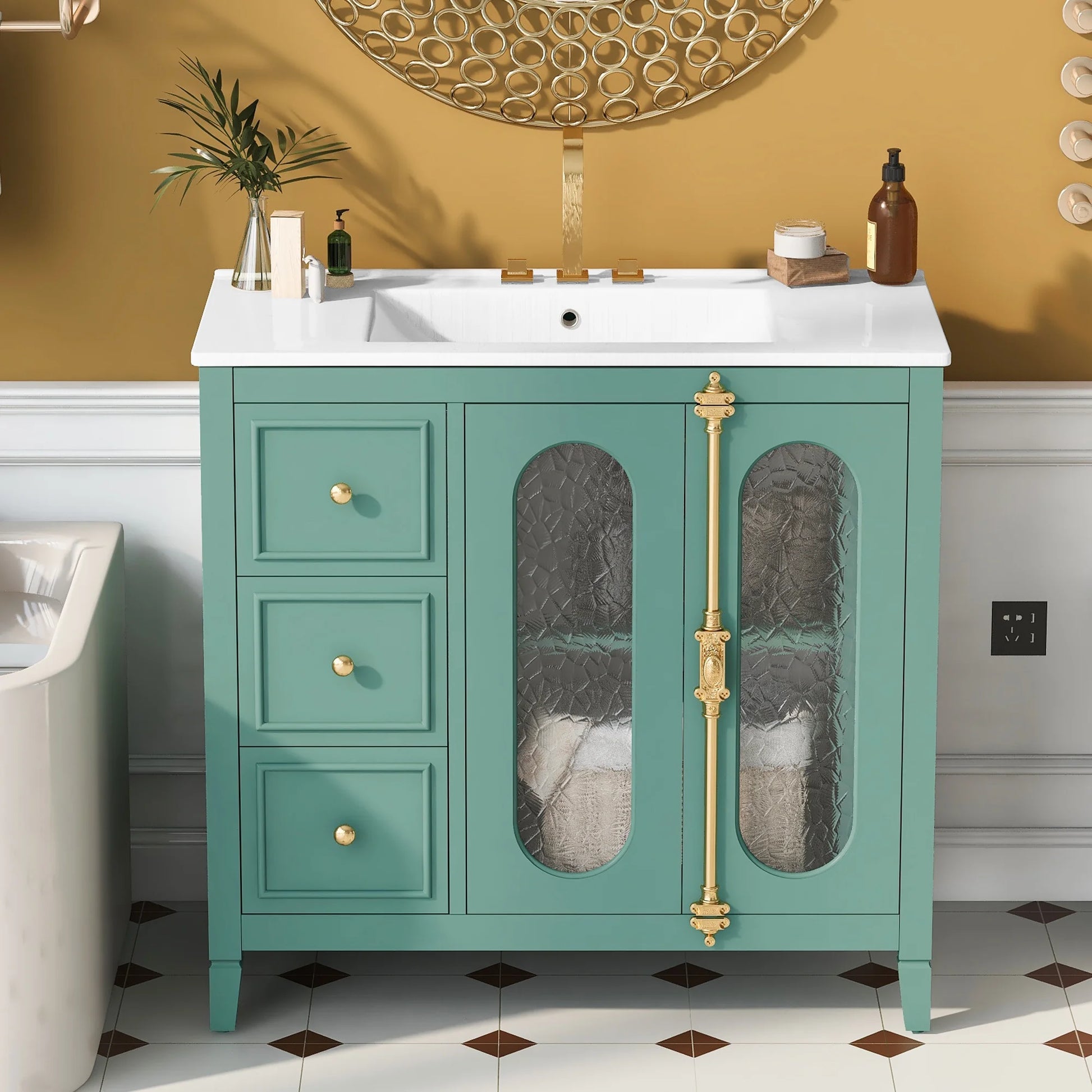 Euroco 36-inch Bathroom Vanity with 2 Soft Close Doors, Solid Wood Frame Modern Bathroom Storage Cabinet with 3 Drawers