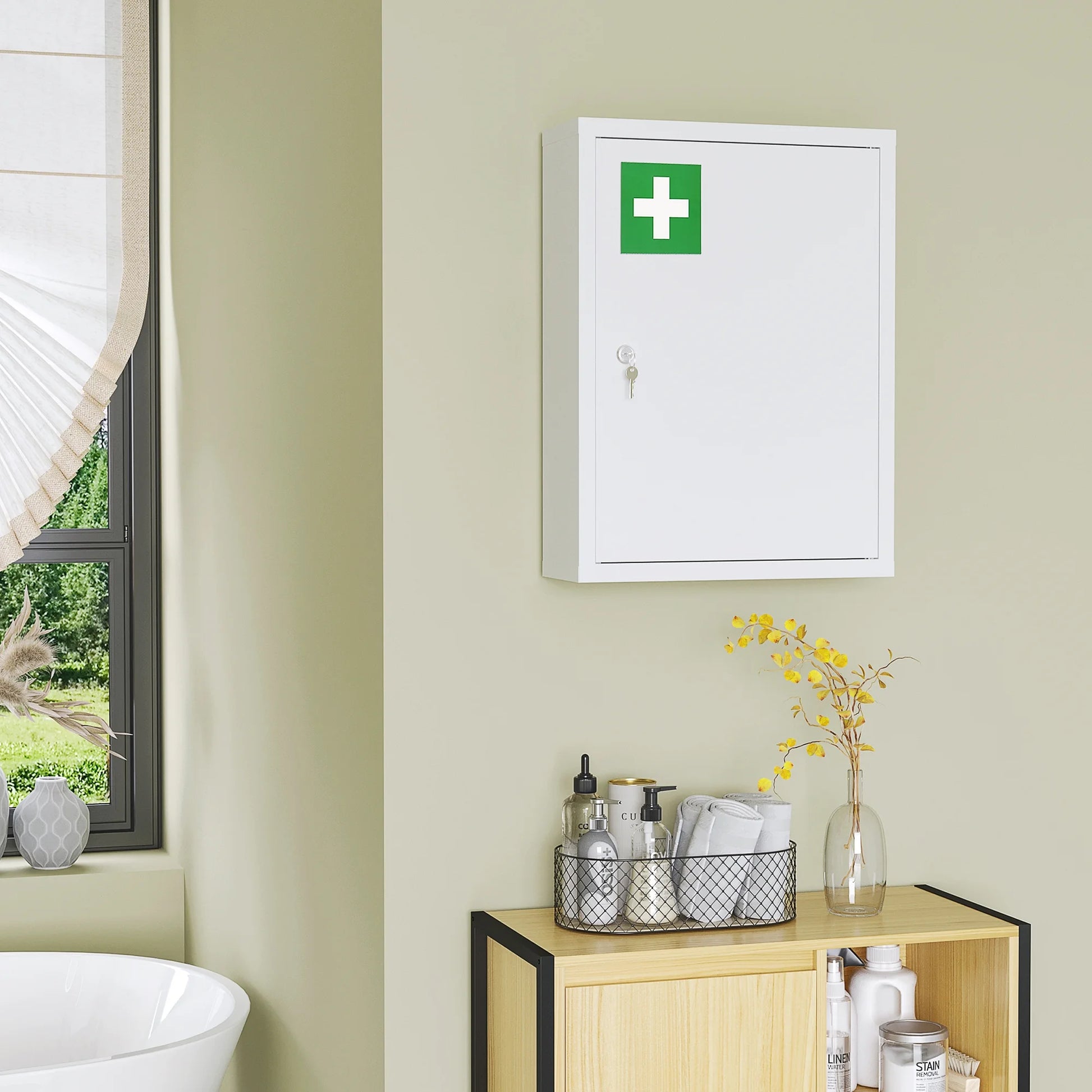 Living Room Cabinets kleankin 16" x 21" Wall Medicine Cabinet with Lock, 3 Tier Steel Locking Wall Cabinet for Bathroom, Kitchen with 2 Keys, White,Primary Living Space Cabinets