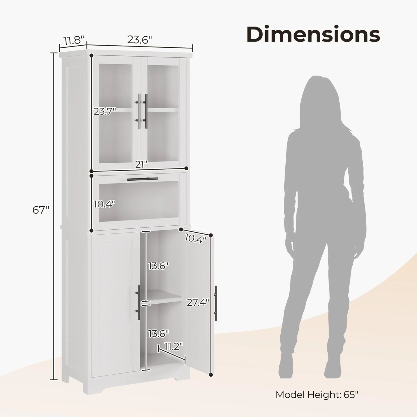 UBesGoo 64"H Pantry Cabinet, Tall Bathroom Closet Storage Organizer, with 2 Glass Doors Cabinets & Large Drawer, for Kitchen Living Room Bedroom Laundry Room Entryway Office, White
