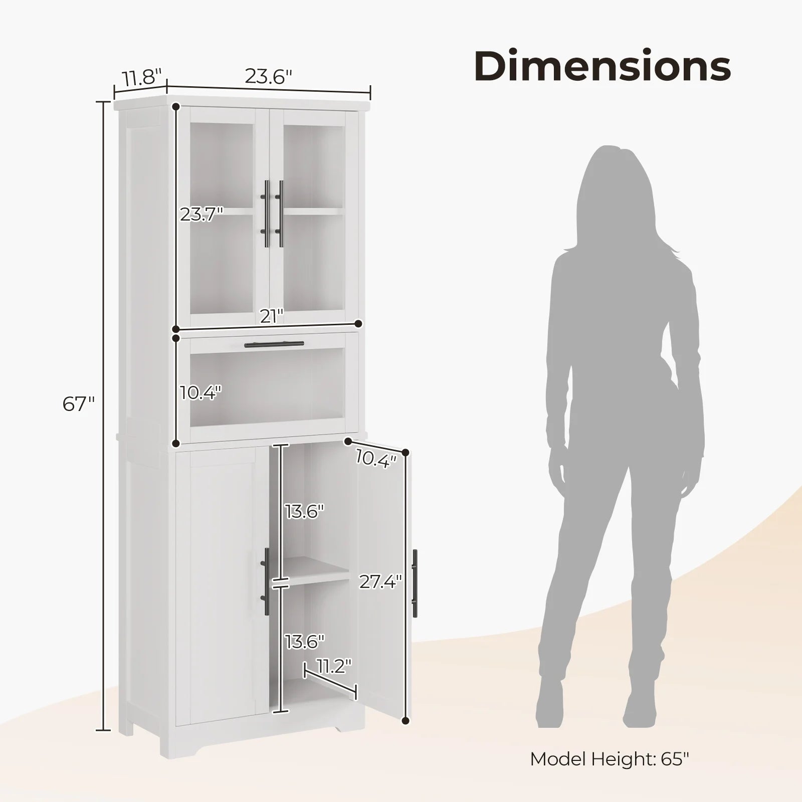 UBesGoo 64"H Pantry Cabinet, Tall Bathroom Closet Storage Organizer, with 2 Glass Doors Cabinets & Large Drawer, for Kitchen Living Room Bedroom Laundry Room Entryway Office, White
