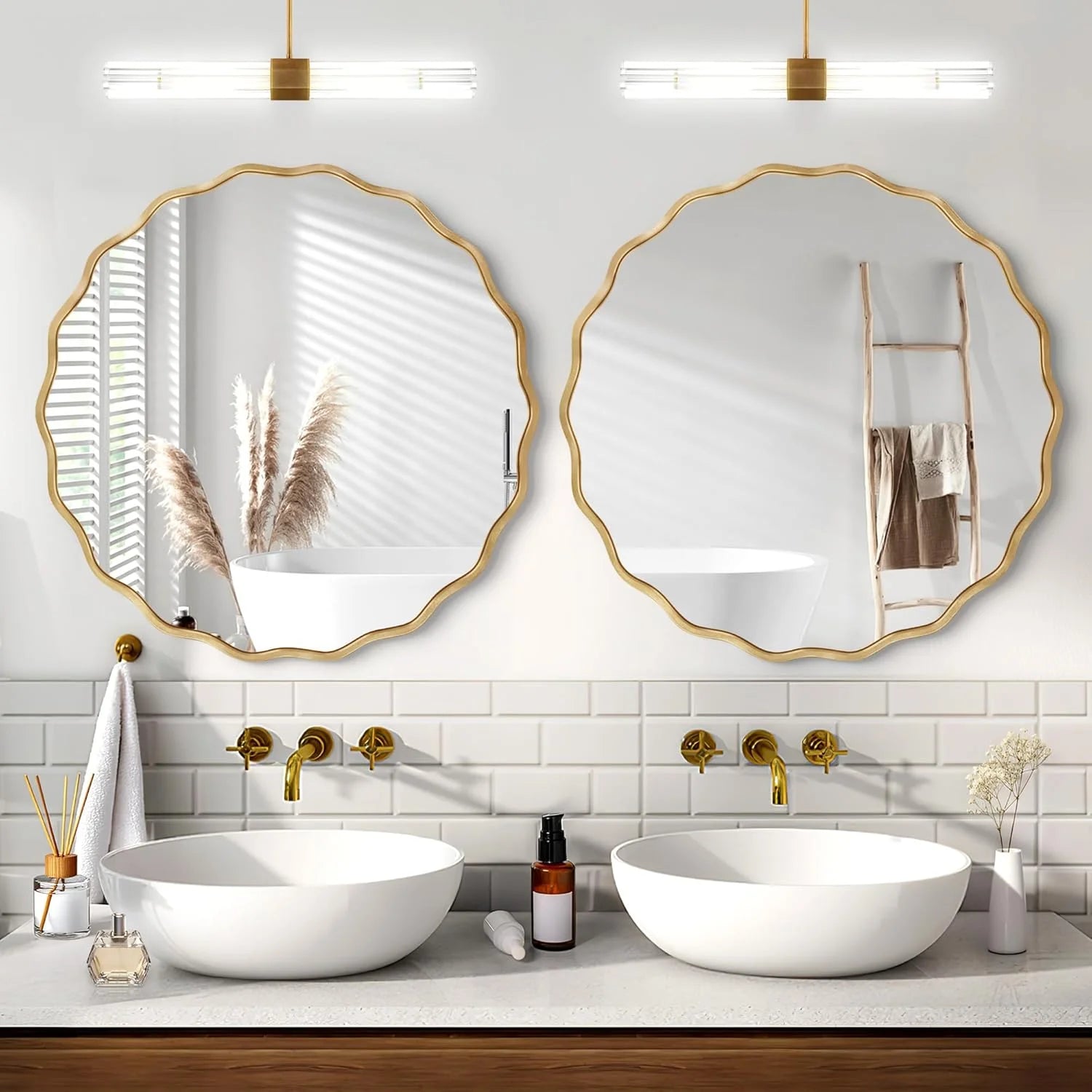 octopus Gold Round Wavy Mirror for Wall, 24"x24" Circle Scalloped Wall Mirror with Brushed Alloy Steel Frame&Shatter-Proof Glass, Hanging Decorative Mirror for Bathroom, Bedroom, Entryway
