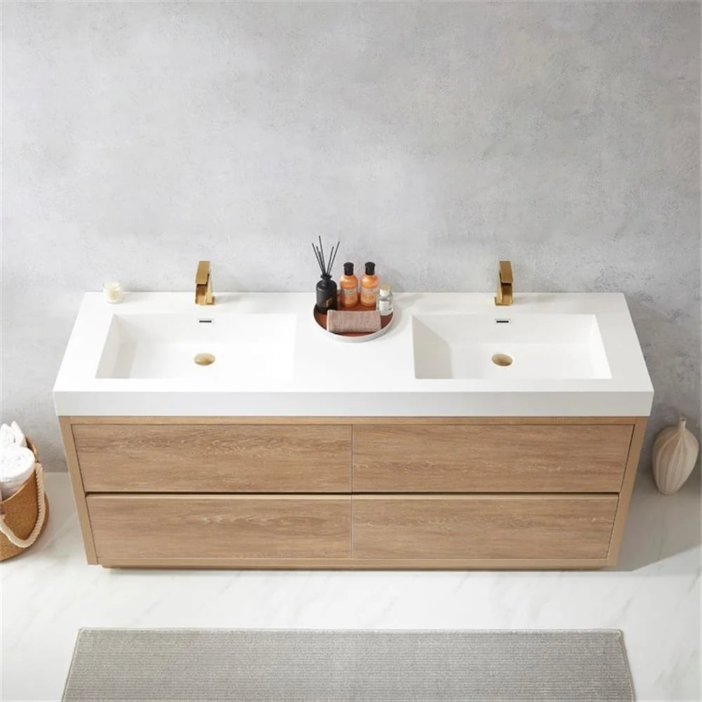 Huesca 72" Double Sink Bathroom Vanity Natural Oak Wood White Top No Mirror