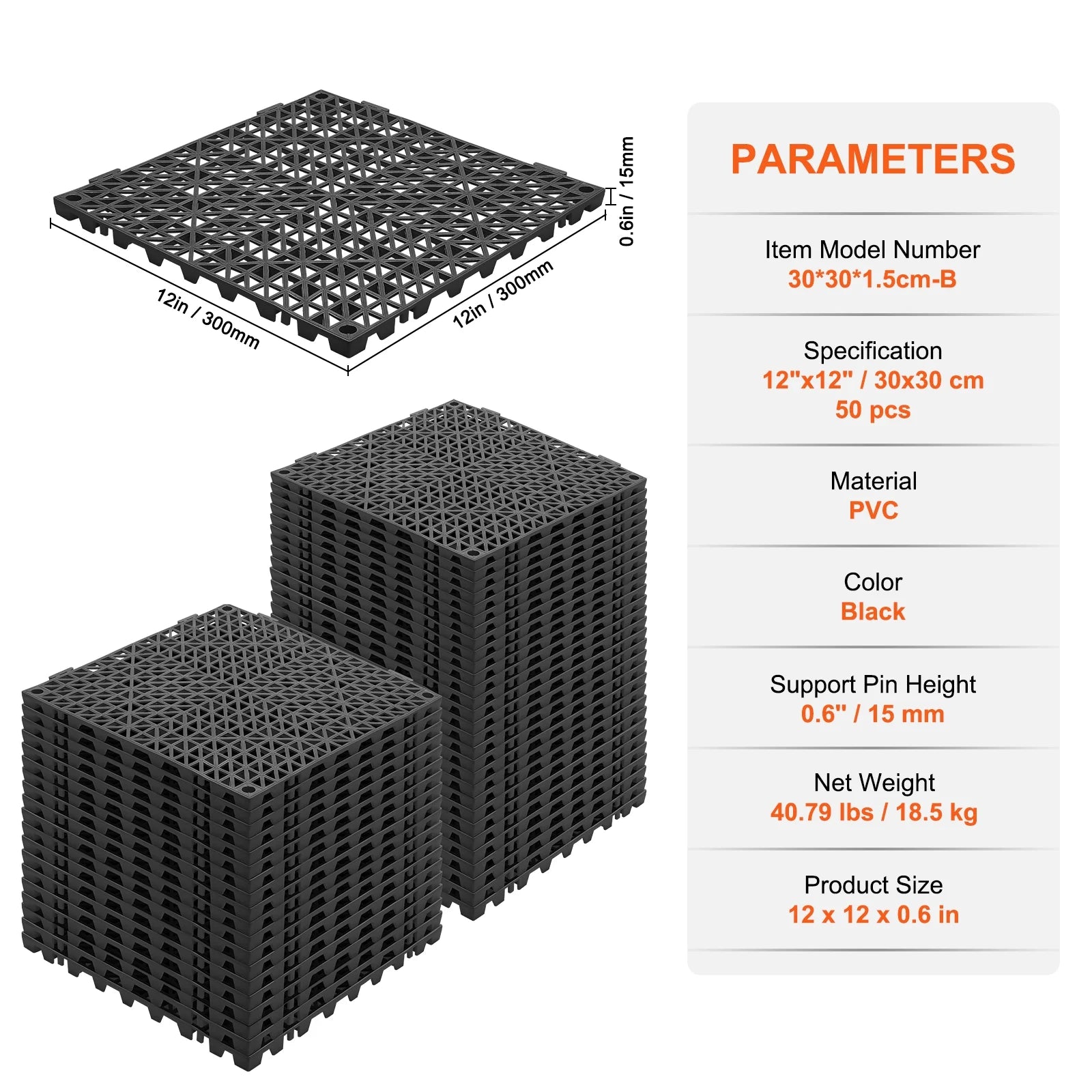 VEVOR Interlocking Tile 50PCS Black, Drainage Tiles 12" x 12" Splicing, Soft PVC Interlocking Drainage Floor Tiles, Non-Slip Drainage Holes for Restroom, Bathroom, Kitchen, Pool, Wet Areas