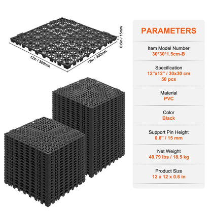 VEVOR Interlocking Tile 50PCS Black, Drainage Tiles 12" x 12" Splicing, Soft PVC Interlocking Drainage Floor Tiles, Non-Slip Drainage Holes for Restroom, Bathroom, Kitchen, Pool, Wet Areas