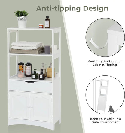 Sideboard Storage Cabinet with Drawer&Shelves, Kitchen Pantry Storage Cabinet with Microwave Space&Cupboard, Modern Freestanding Floor Bathroom Cabinet/Bookshelf for Home Office, White