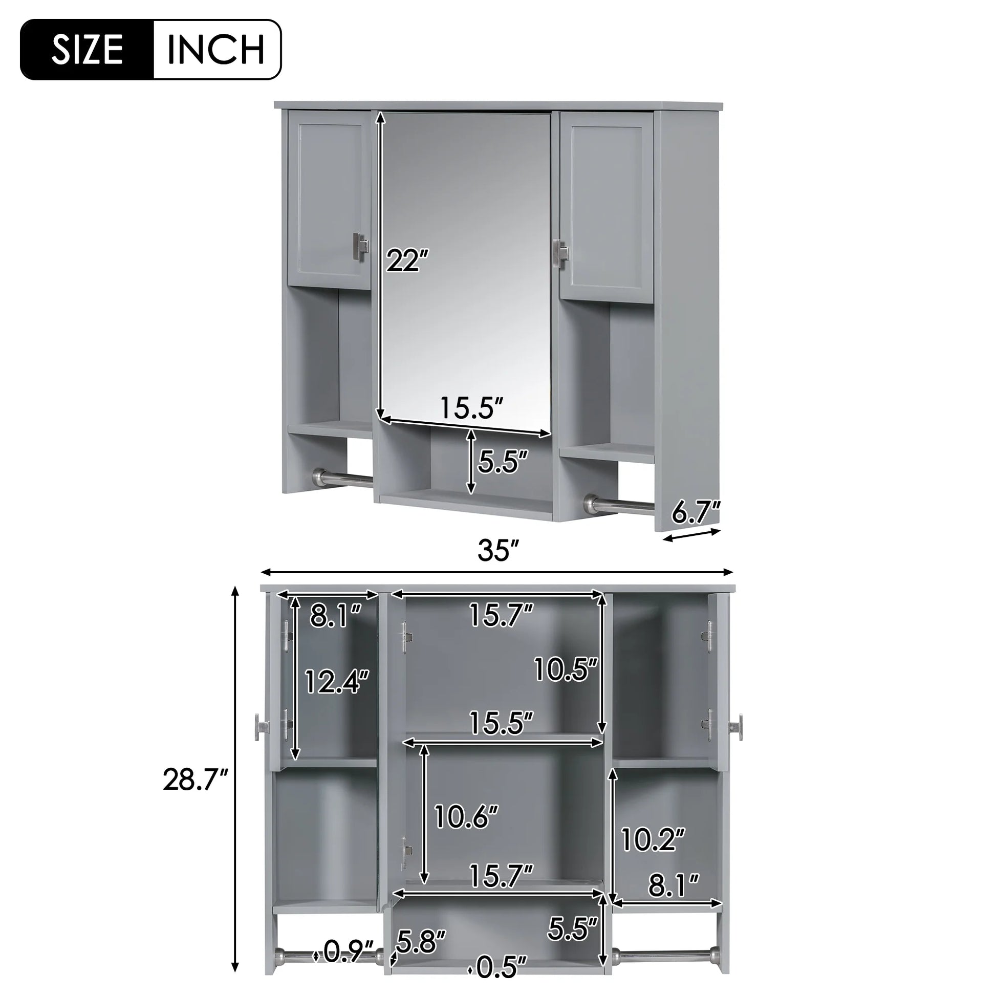 Royard Oaktree Bathroom Medicine Cabinet with Mirror, Bathroom Storage Cabinet with 3 Doors and Open Shelves, Wall Mounted Cabinet Space Saver with Towel Bars, Grey