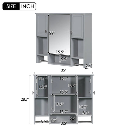 Royard Oaktree Bathroom Medicine Cabinet with Mirror, Bathroom Storage Cabinet with 3 Doors and Open Shelves, Wall Mounted Cabinet Space Saver with Towel Bars, Grey