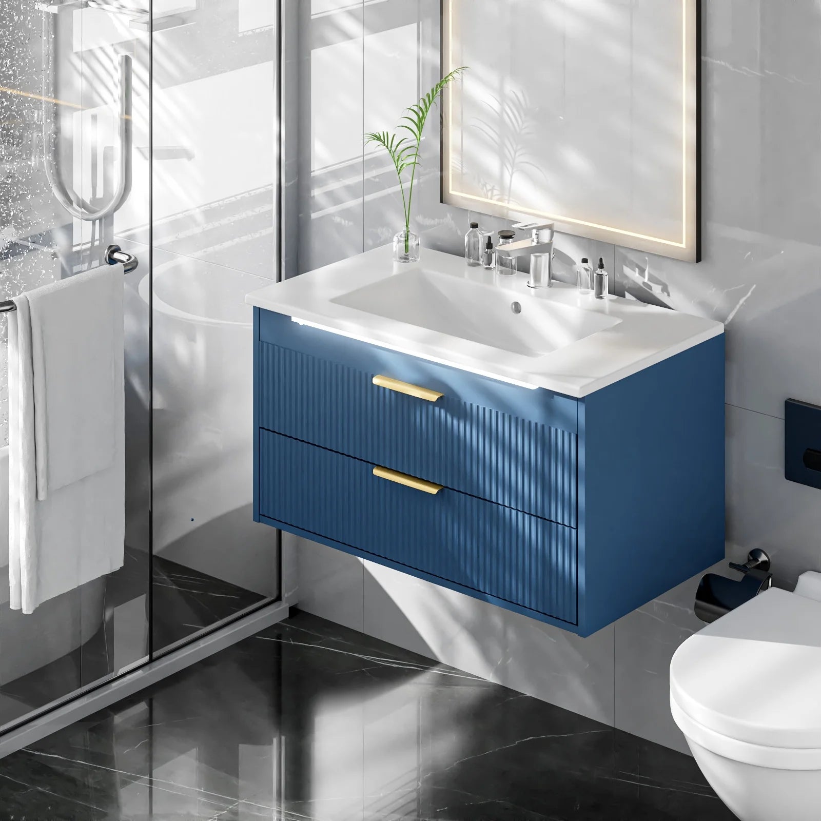 Advwin 30" Wall Mounted Bathroom Vanity with Ceramic Sink, Modern Floating Bathroom Storage Cabinet with Sensor Light & 2 Extra Large Drawers, White