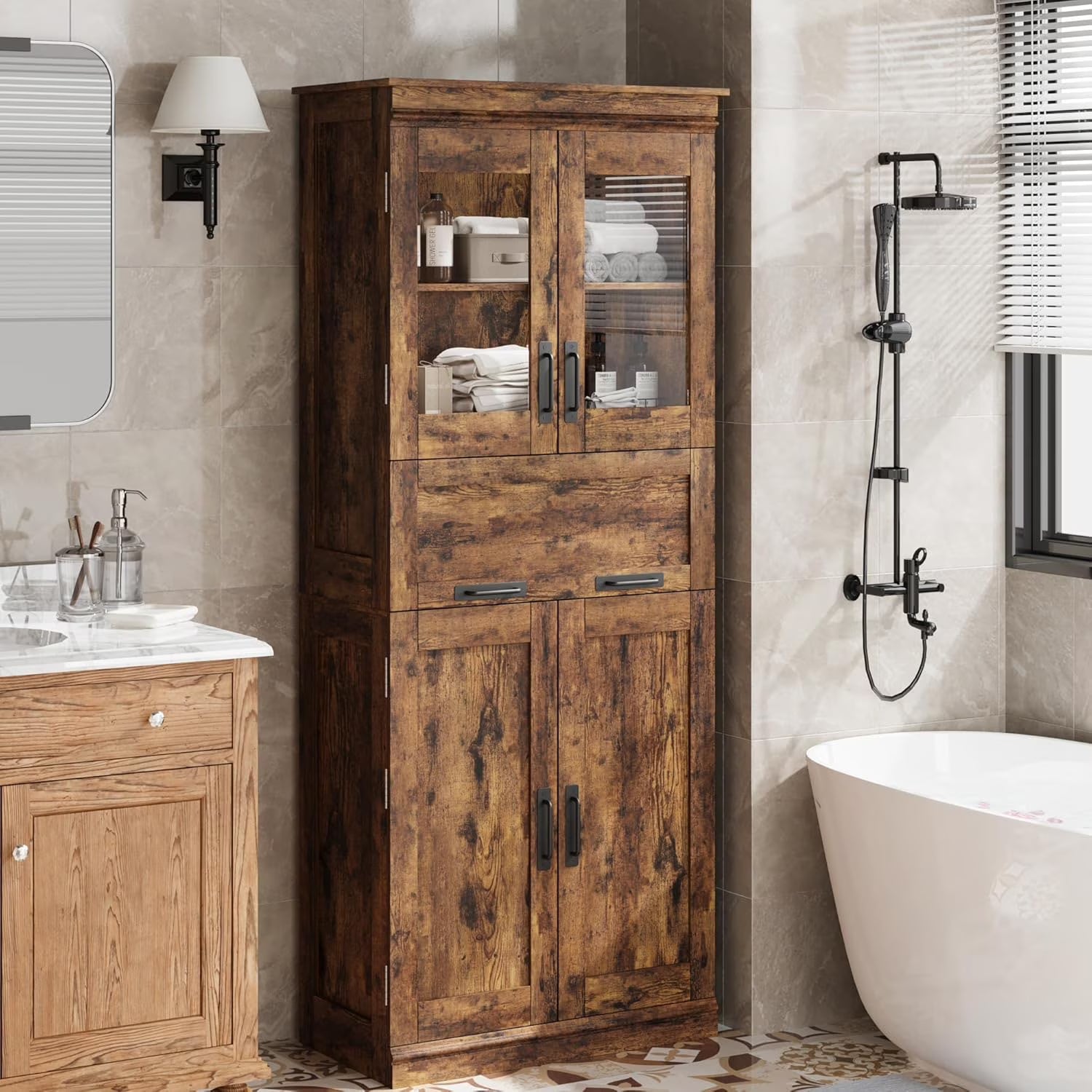 Roromall Bathroom Cabinet, Tall Storage Cabinet with Doors Adjustable Shelf, Freestanding Floor Pantry Cabinet for Kitchen, Living Room, Laundry Room, Home Office