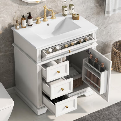 30 Inch Bathroom Vanity with Sink Combo, Solid Wood Frame Bathroom Vanities with 3 Drawers and 1 Tip-out Drawer & Soft Closing Doors, Modern Bathroom Sink Cabinet with Undermount Sink (White)