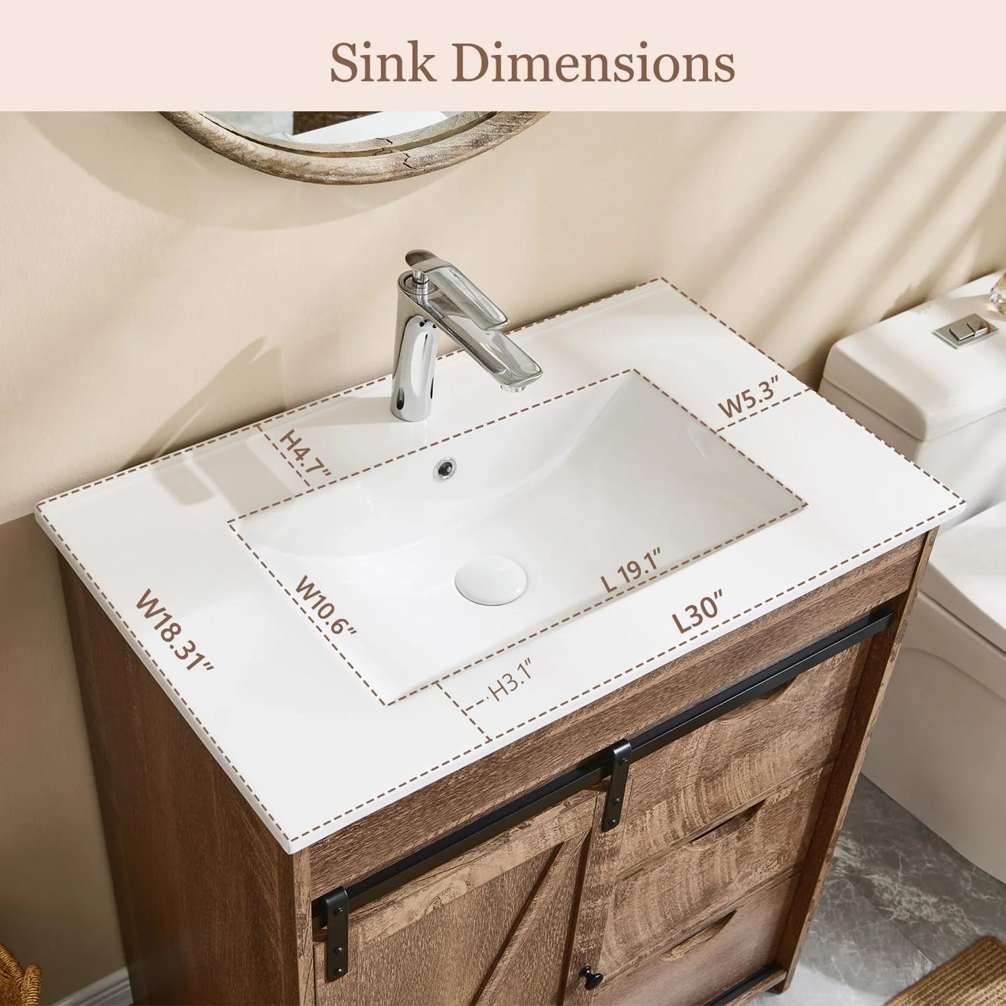 MIHOVER 30" Farmhouse Bathroom Vanity with Sink, Bathroom Dresser with 3 Drawers & Adjustable Shelves