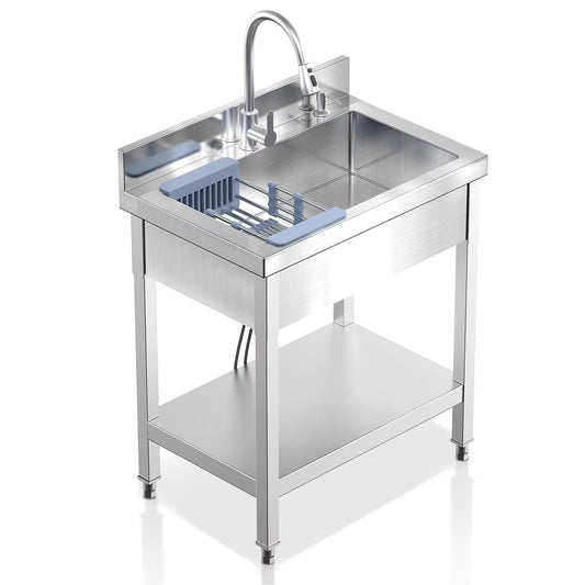 Stainless Steel Utility Sink Commercial Kitchen Single Bowl Sink with Cold and Hot Water Faucet Hoses and Drain Kit Complete Base Plate for Kitchens,Bathrooms,Laundry Room