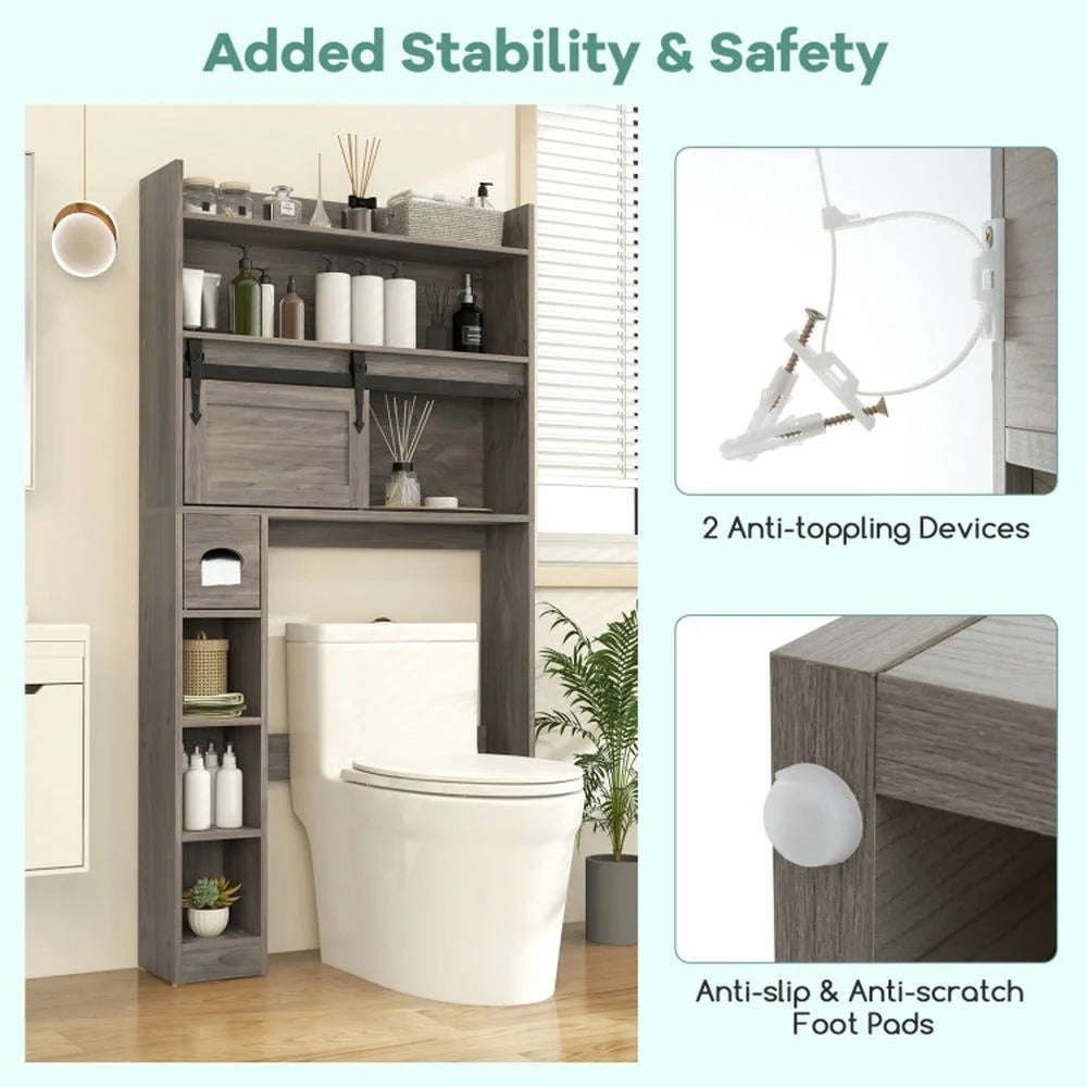 Topcobe Over The Toilet Storage Cabinet with Sliding Barn Door and Adjustable Shelves, Bathroom Furniture, Bathroom Shelves, White