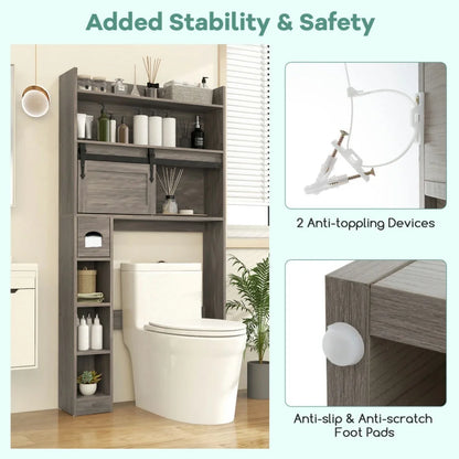 Yardi Yard Over The Toilet Storage Cabinet with Sliding Barn Door and Adjustable Shelves-Gray, Bathroom Organizers and Storage