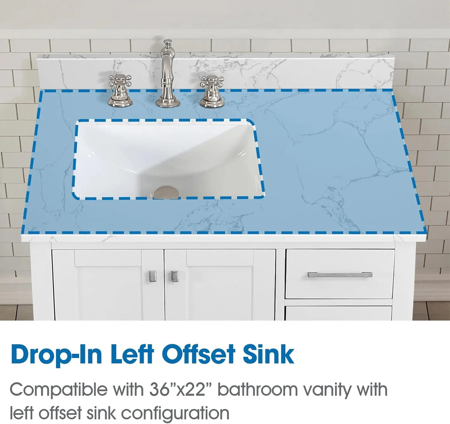 36x22 Engineered Stone Vanity Sink Top, White Bathroom Countertop with Undermount Left Sink, Vanity Top with 8 inch 3 Faucet Hole Spacing and Backsplash