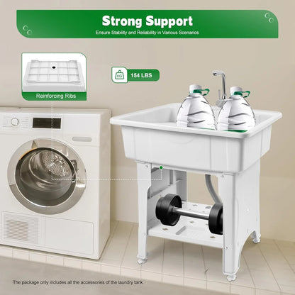 Utility Sink Laundry Tub,Freestanding Plastic Laundry Sink with Washboard, Slop Sink Garage Sink Portable Sink For Laundry Room, Garage, Bathroom, Kitchen (31.5in, White)