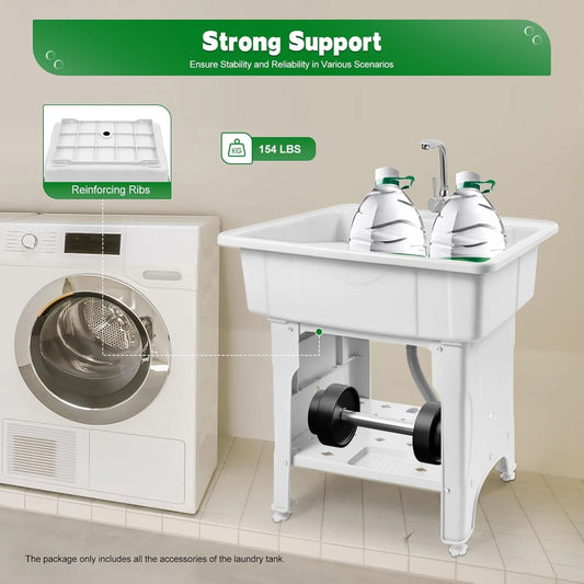 Utility Sink Laundry Tub,Freestanding Plastic Laundry Sink with Washboard, Slop Sink Garage Sink Portable Sink For Laundry Room, Garage, Bathroom, Kitchen (31.5in, White)