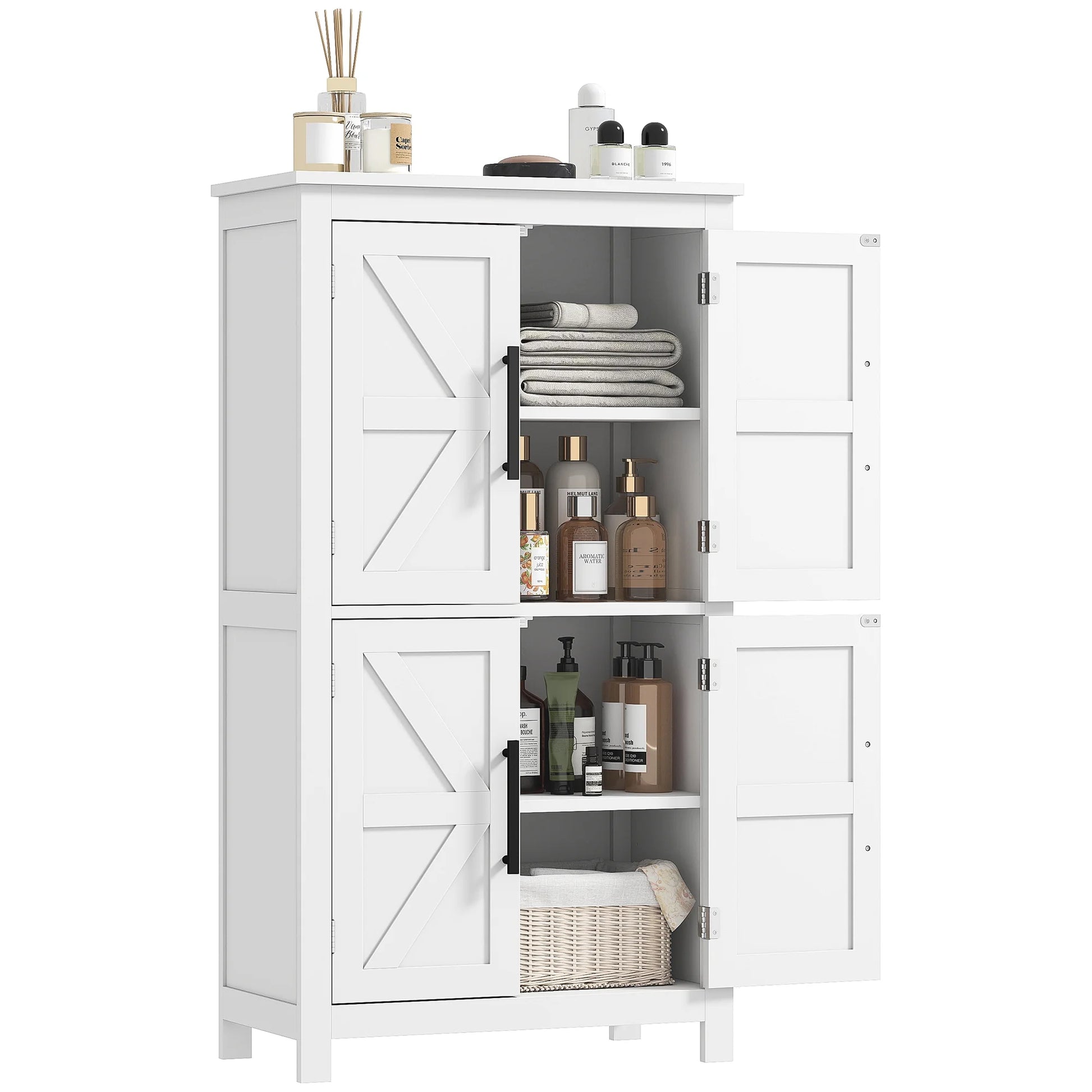 HOMCOM Bathroom Floor Cabinet, Farmhouse Bathroom Cabinet with Barn Doors, Bathroom Storage Cabinet with Adjustable Shelf, White