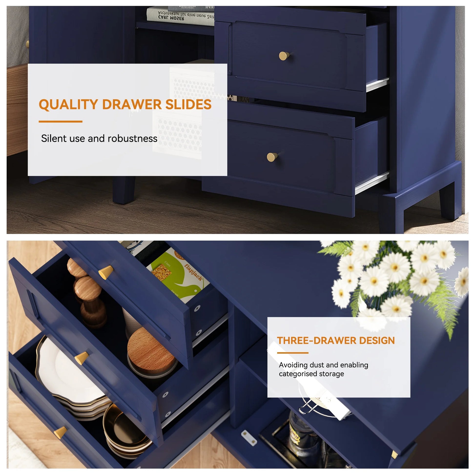CBJCBJ 31.7"Storage Cabinet, Classical 3 Drawers & 1 Door Design with Gold-Tone Handles, Multi-Use Organizer for Living Room, Kitchen, Bathroom��BLUE)