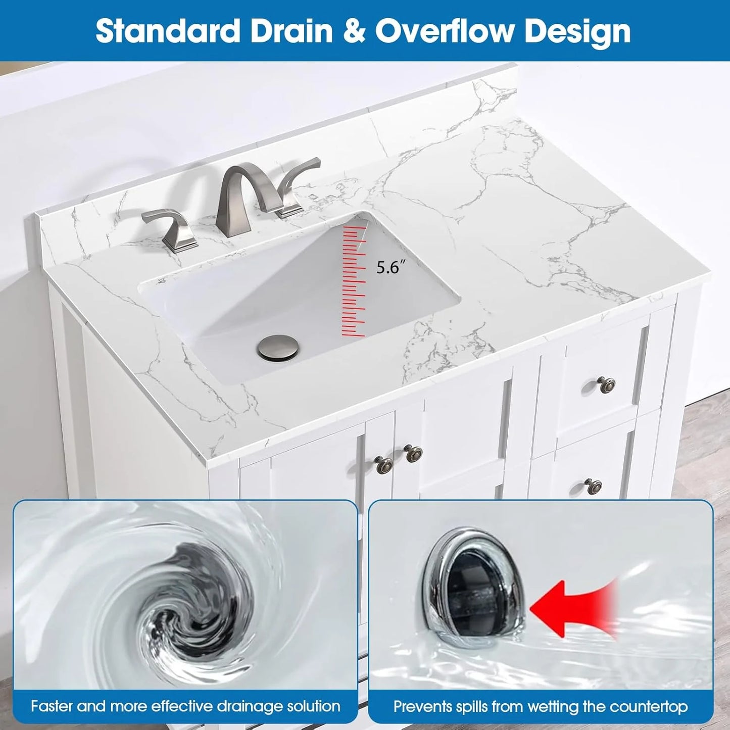 36x22 Engineered Stone Vanity Sink Top, White Bathroom Countertop with Undermount Left Sink, Vanity Top with 8 inch 3 Faucet Hole Spacing and Backsplash