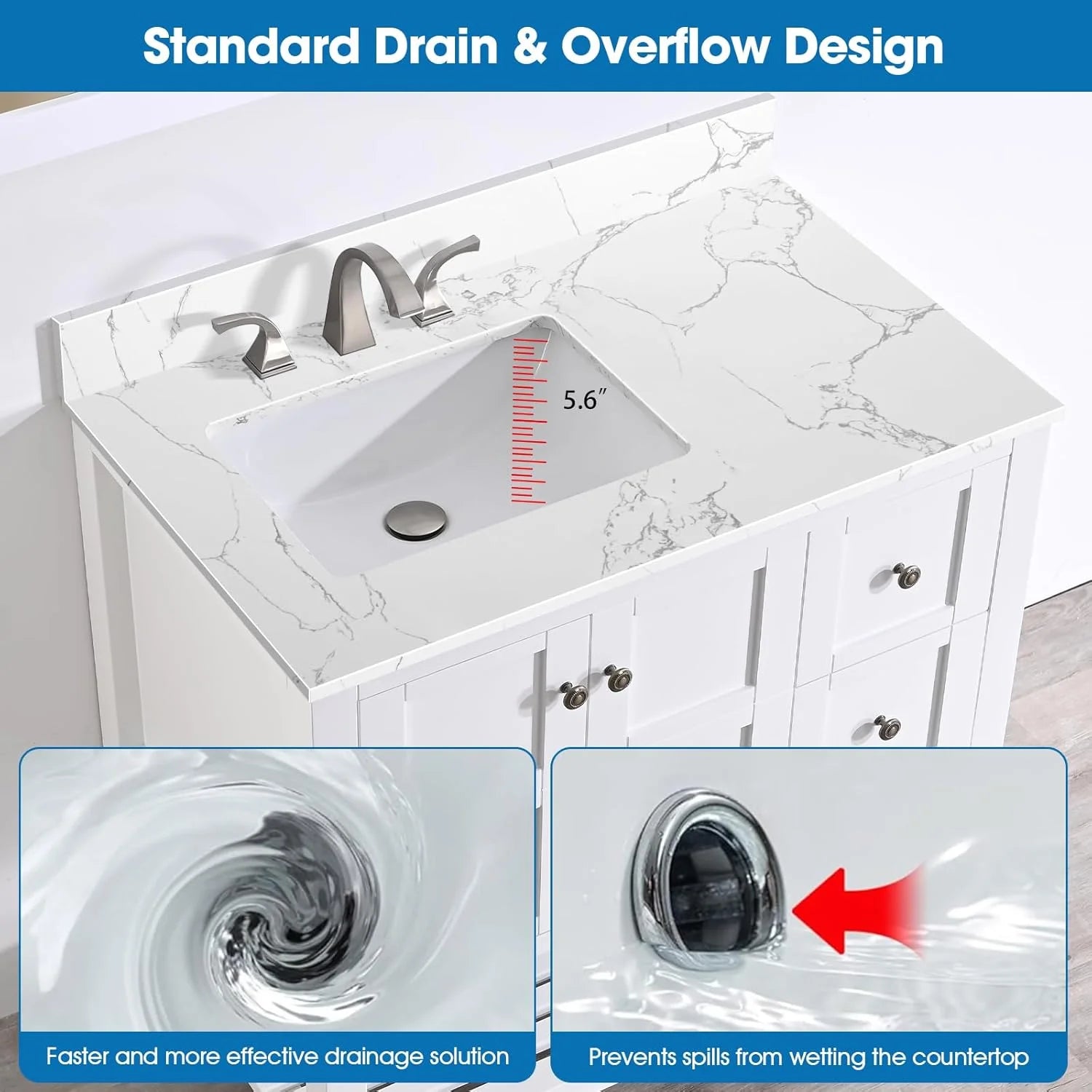 36x22 Engineered Stone Vanity Sink Top, White Bathroom Countertop with Undermount Left Sink, Vanity Top with 8 inch 3 Faucet Hole Spacing and Backsplash