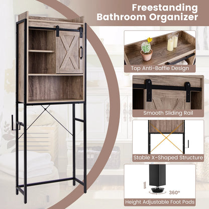 Topbuy Over The Toilet Storage Cabinet 4-Tier Bathroom Organizer w/ Adjustable Shelves Sliding Barn Door & Toilet Paper Holder Rustic Brown