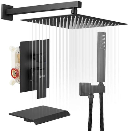 BWE Dual Shower Head Combo,12-inch High Pressure Rain Shower & Handheld Spray, with 59" Hose, 3-Way Diverter & Bathtub Spout Valve, Polished Chrome