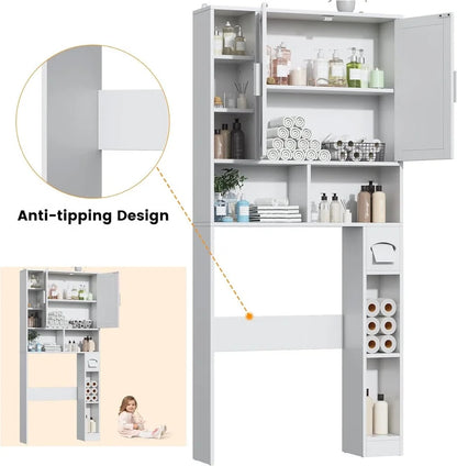 Frmobepts Over The Toilet Storage Cabinet with Toilet Paper Holder Stand, Above Toilet Organizer with Doors, Behind Toilet Shelf for Restroom, Bathroom, Laundry, White