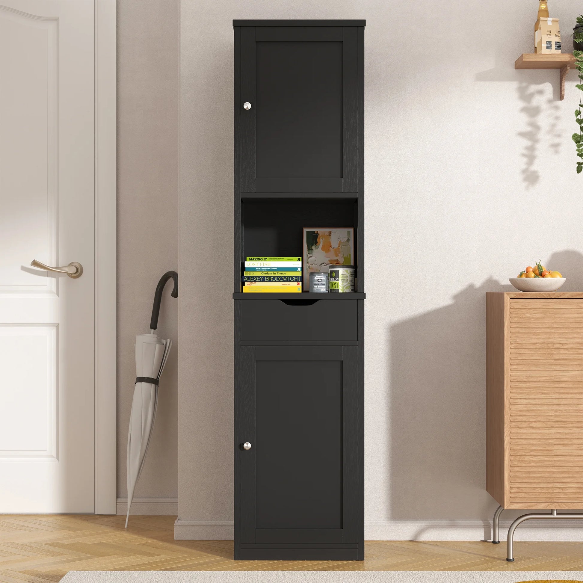Walsunny Bathroom Storage Cabinet 64" Tall Wooden Kitchen Cupboard Pantry Cabinet with Doors Shelves Drawer Black