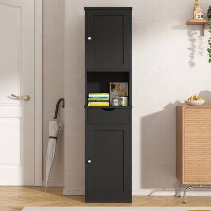 Walsunny Bathroom Storage Cabinet 64" Tall Wooden Kitchen Cupboard Pantry Cabinet with Doors Shelves Drawer Black