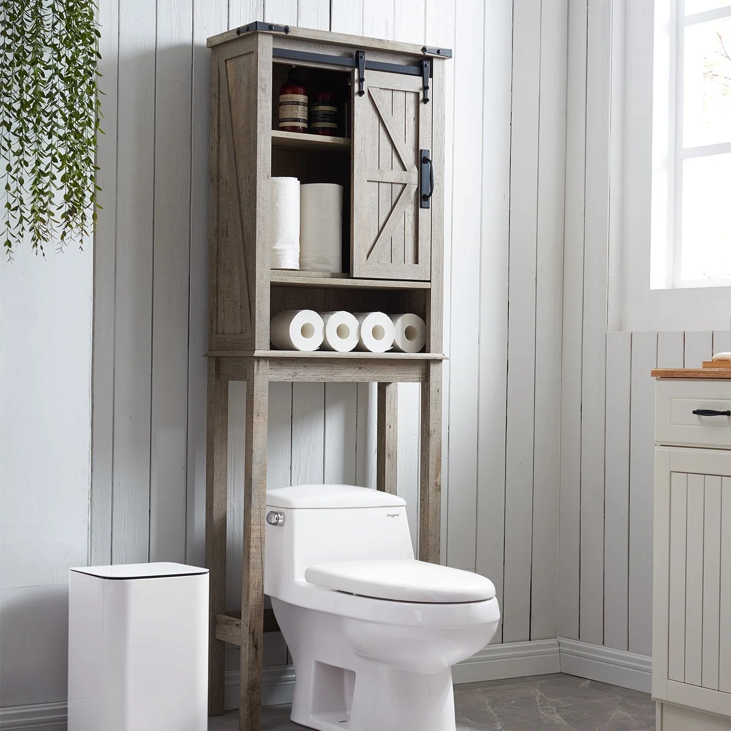 OKD 68In Farmhouse Over The Toilet Storage Cabinet with Sliding Bathroom Organizers and Storage Barn Door & Adjustable Shelves, Dark Rustic Oak