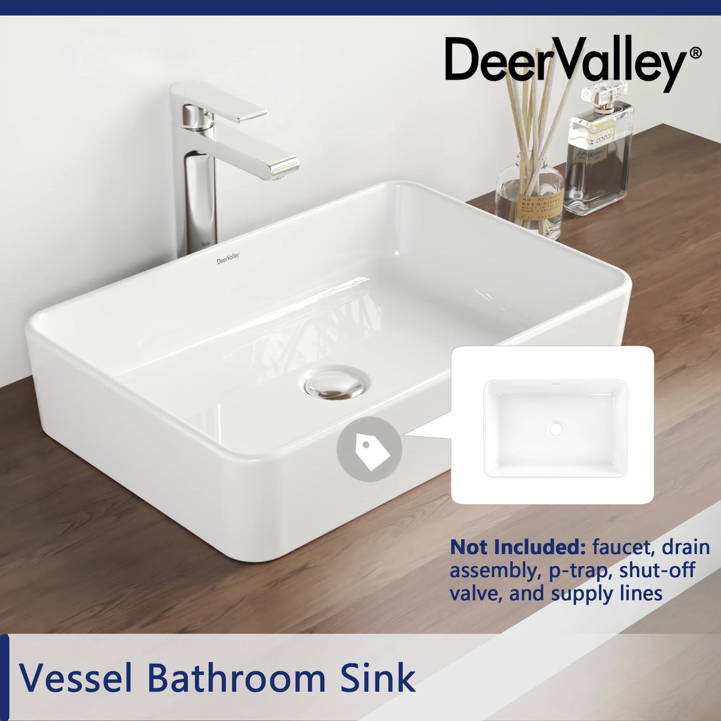 DeerValley DV-1V032 White Ceramic Rectangular Vessel Sink Above Counter White Bathroom Vanity Sink Bathroom Sink Art Basin (19.92'' L x 14'' W x 4.37'' H)