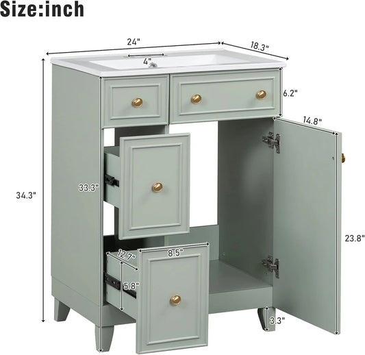 24-Inch Bathroom Vanity Cabinet with Ceramic Sink, 2 Drawers, 1 Door, Light Green