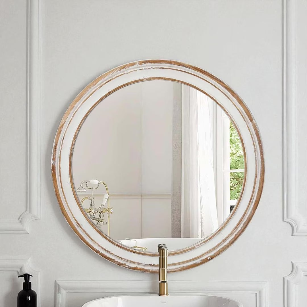 GZXS Farmhouse Round Wall Mirror with Antique Natural Finished Wood Frame, 35.4 Inches Rustic Decorative Mirror for Bathroom Vanity, Bedroom, Living Room, Entryway